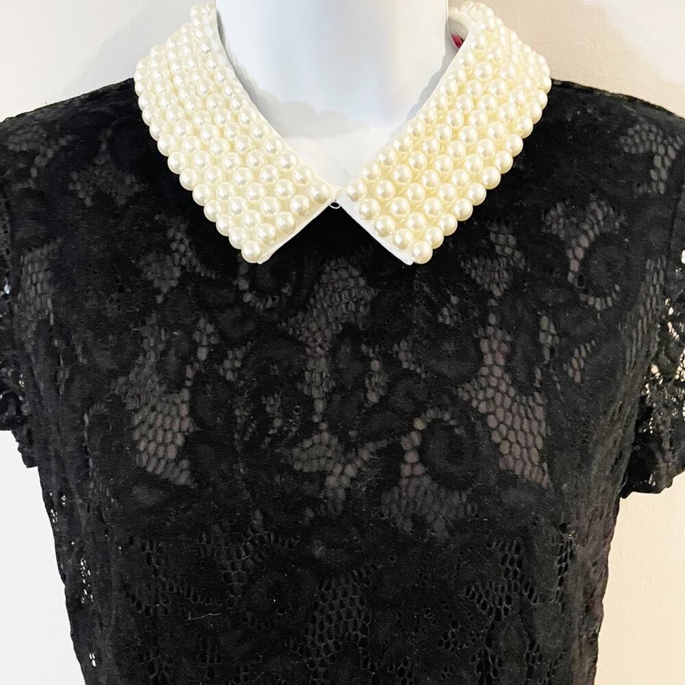 Betsey Johnson Faux Pearl Collared Black Velvet Lace Dress Size 2 - Picture 7 of 13